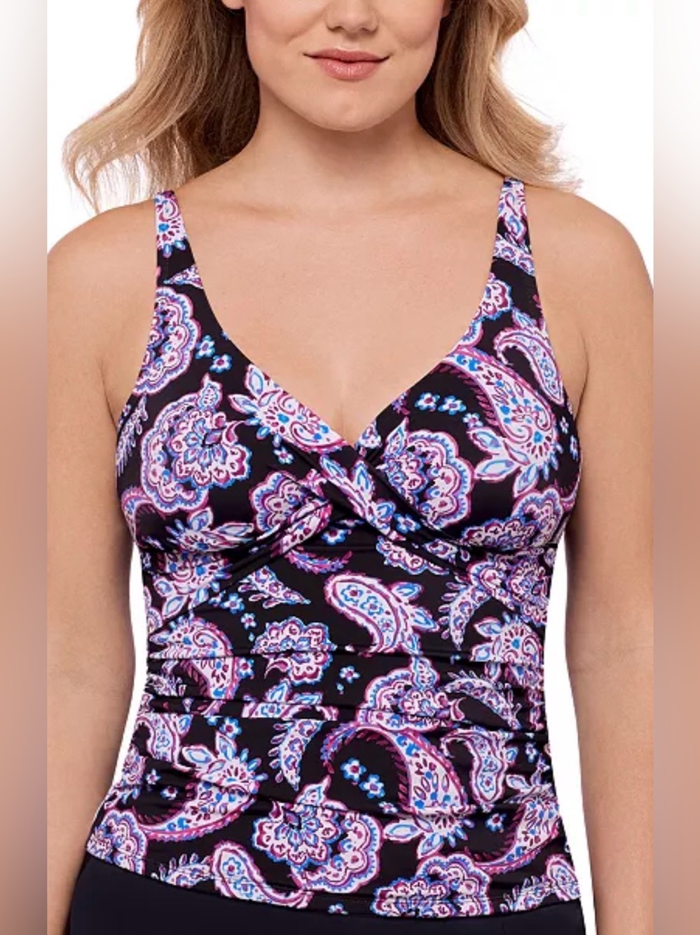 NWT Swim Solutions Black Paisley Twist-Front Tankini Top